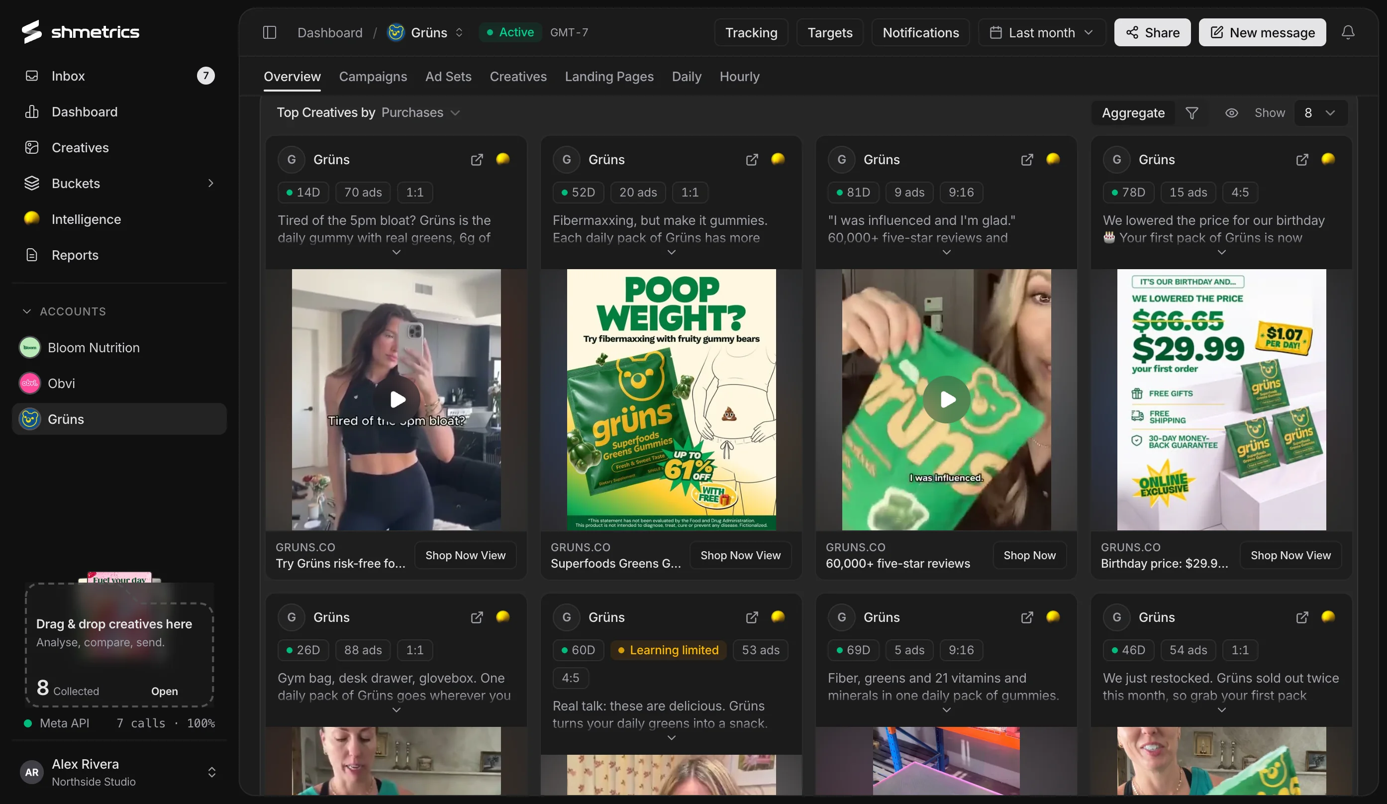 Top creatives on a Grüns account page, each card showing ad copy, media, headline and call to action