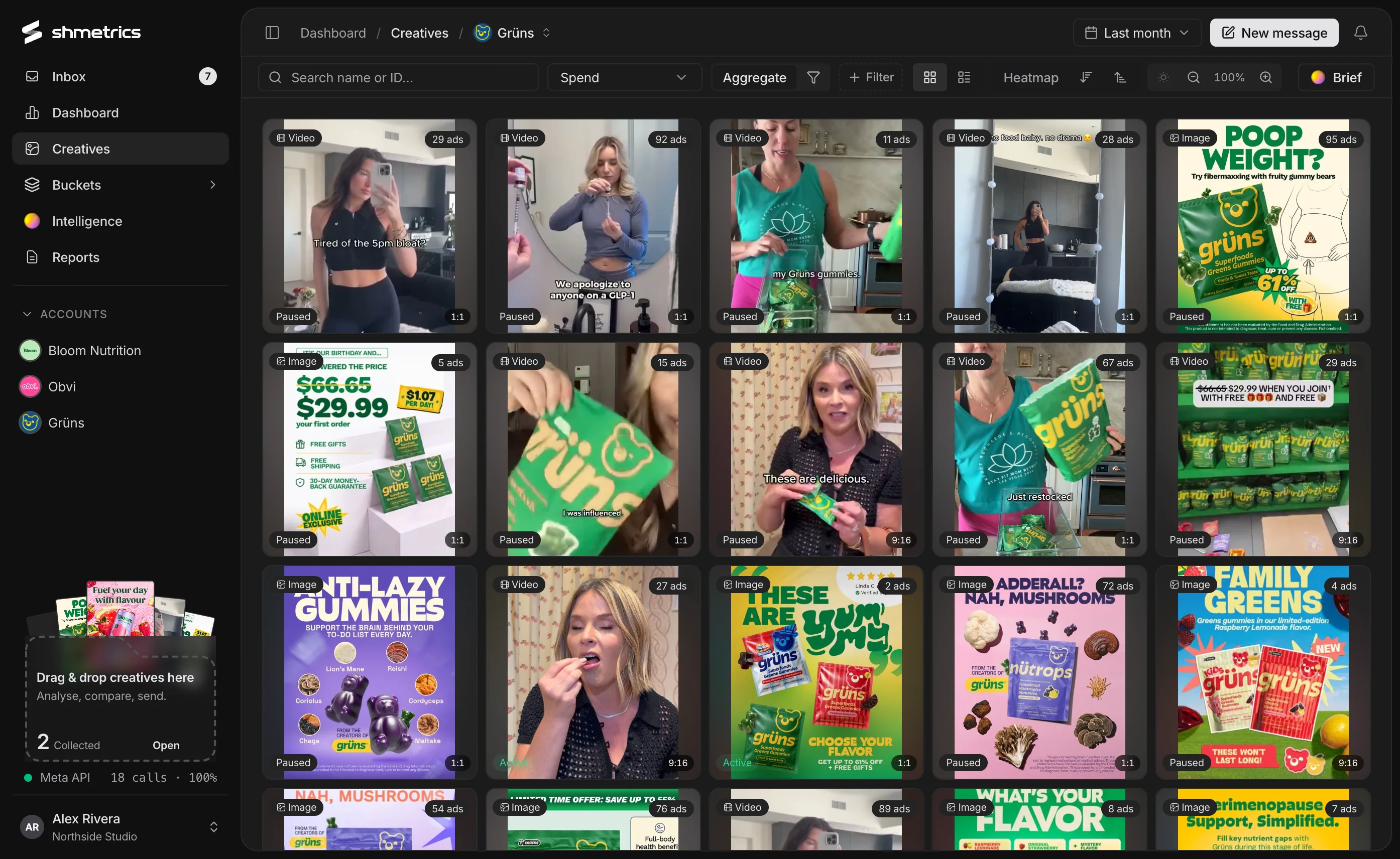 The creatives page: a grid of ad creatives with type, status and aspect-ratio badges