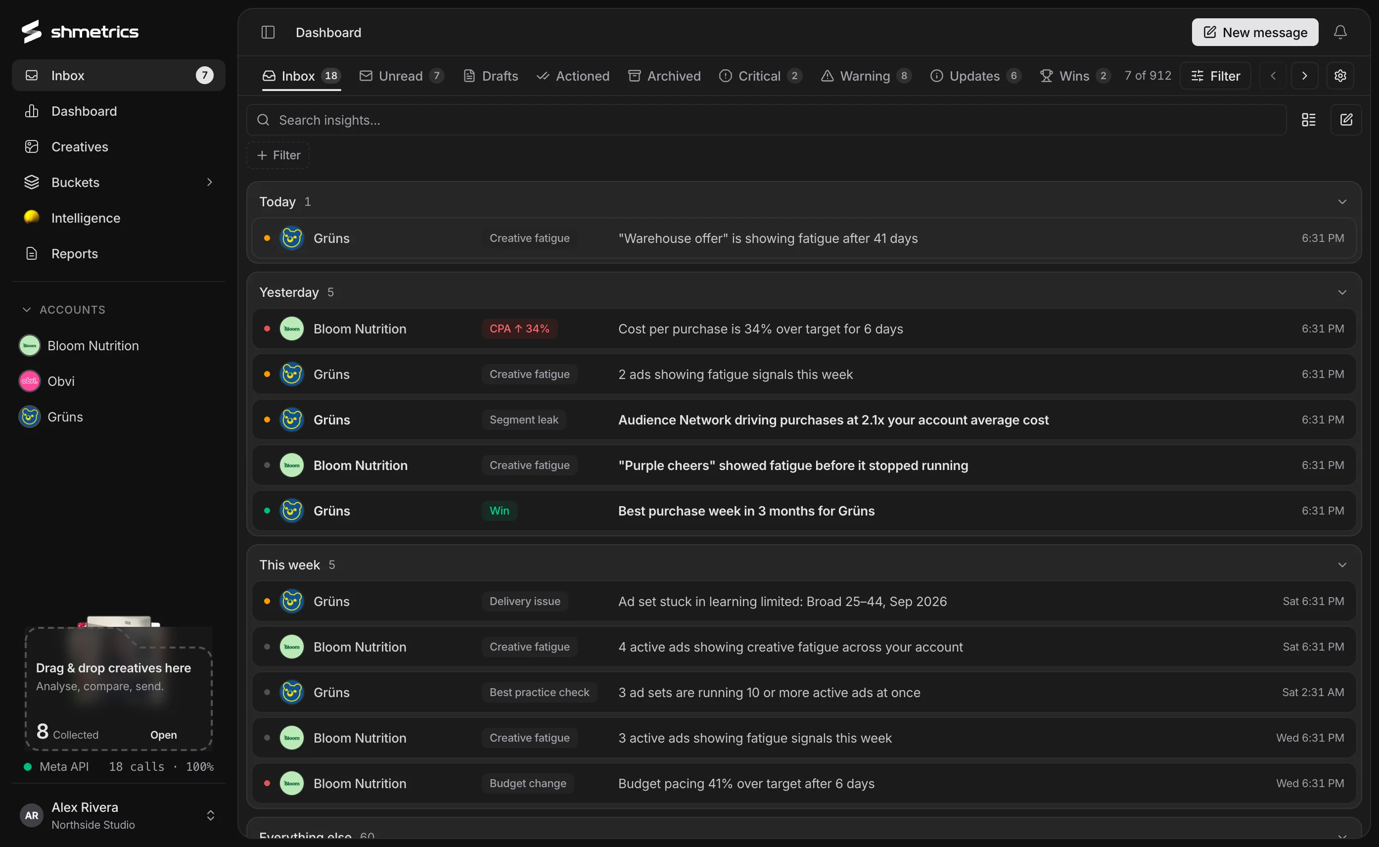 The shmetrics inbox listing findings such as creative fatigue, segment leaks and wins