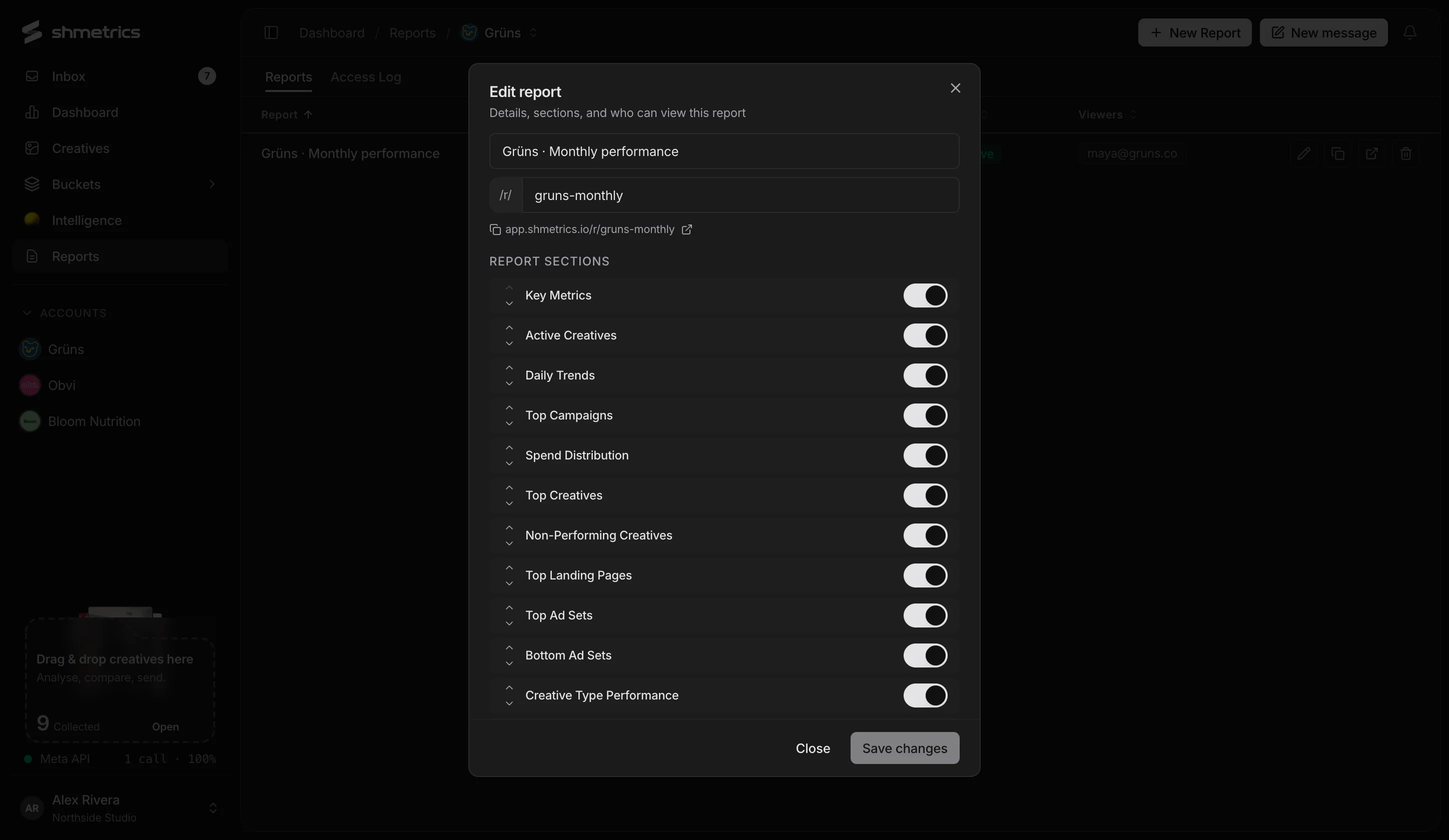 The Edit report dialog with the report name, link and section toggles